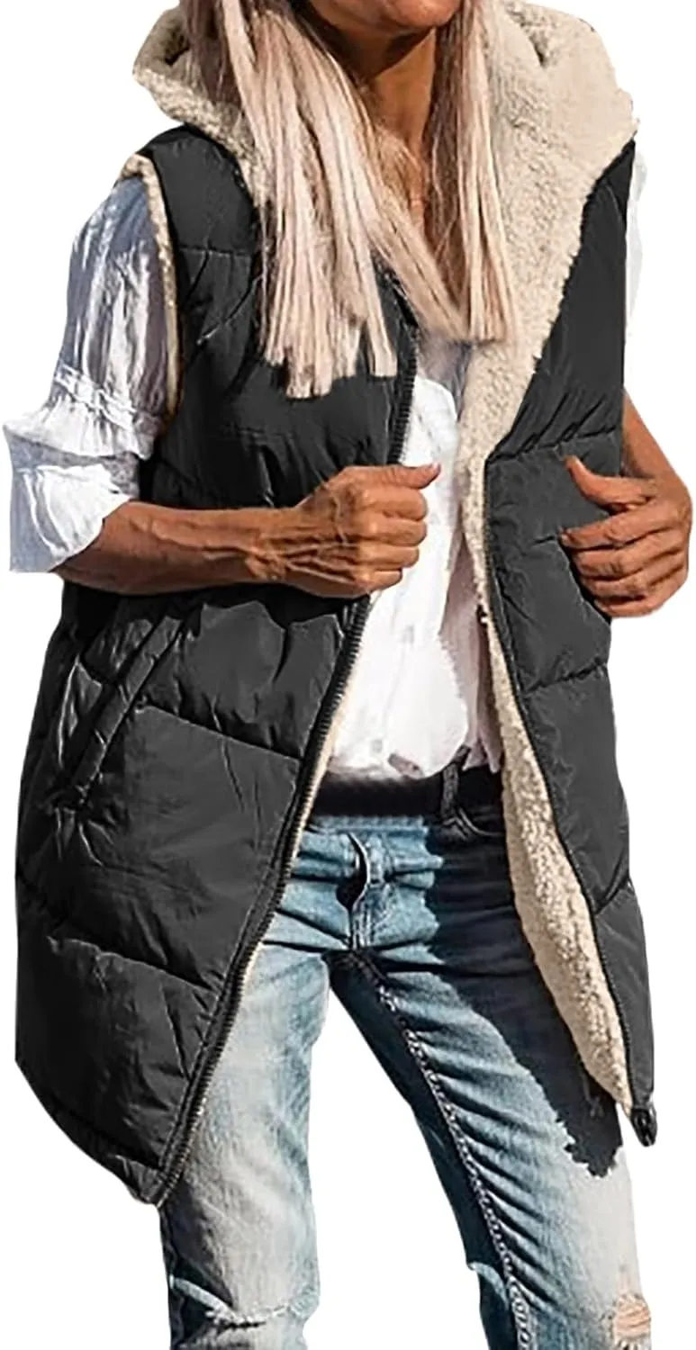 Womens 2024 Fall Fashion Reversible Vest Casual Sleeveless Lined Fleece Jacket Gilet Long Zip Up Warm Coat with Pocket