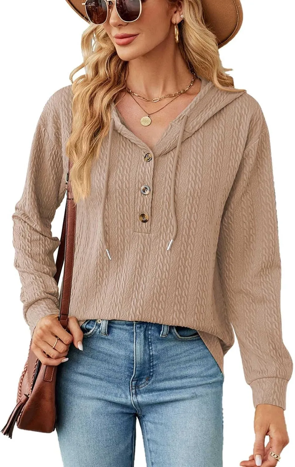 Women's 2024 Fall Fashion Sweatshirts Half Zip Up Button Drawstring Hoodies Casual Loose Outfit Clothes Tops