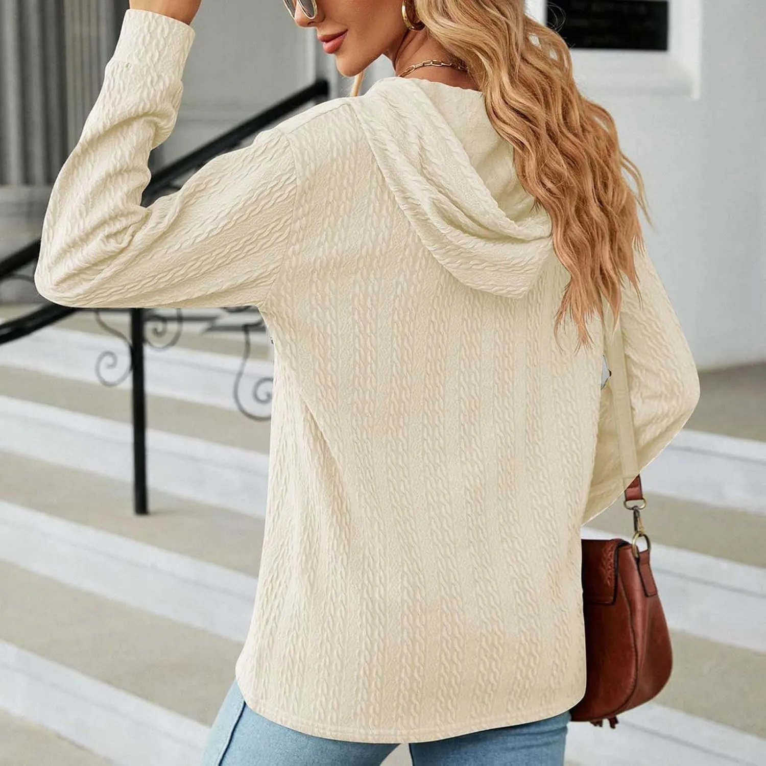 Women's 2024 Fall Fashion Sweatshirts Half Zip Up Button Drawstring Hoodies Casual Loose Outfit Clothes Tops