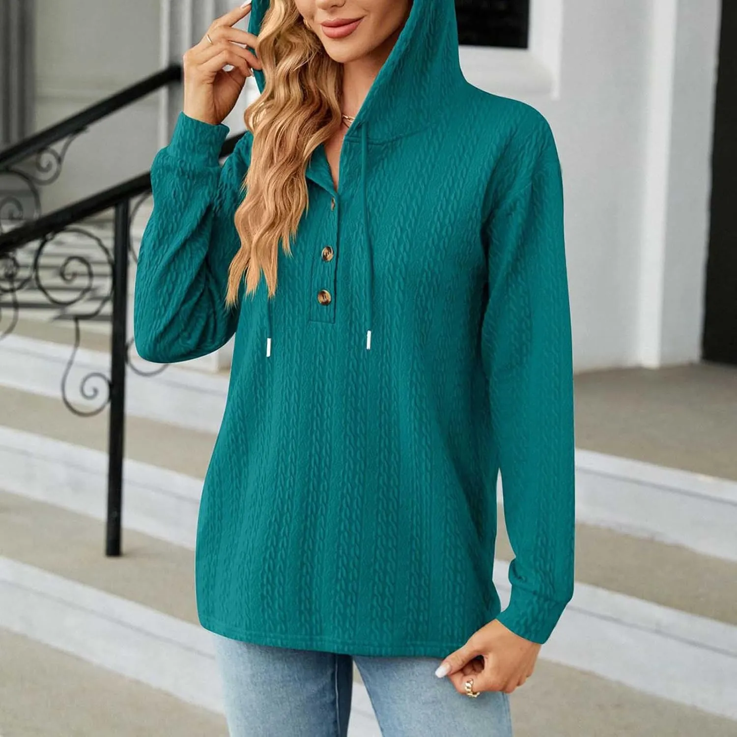 Women's 2024 Fall Fashion Sweatshirts Half Zip Up Button Drawstring Hoodies Casual Loose Outfit Clothes Tops