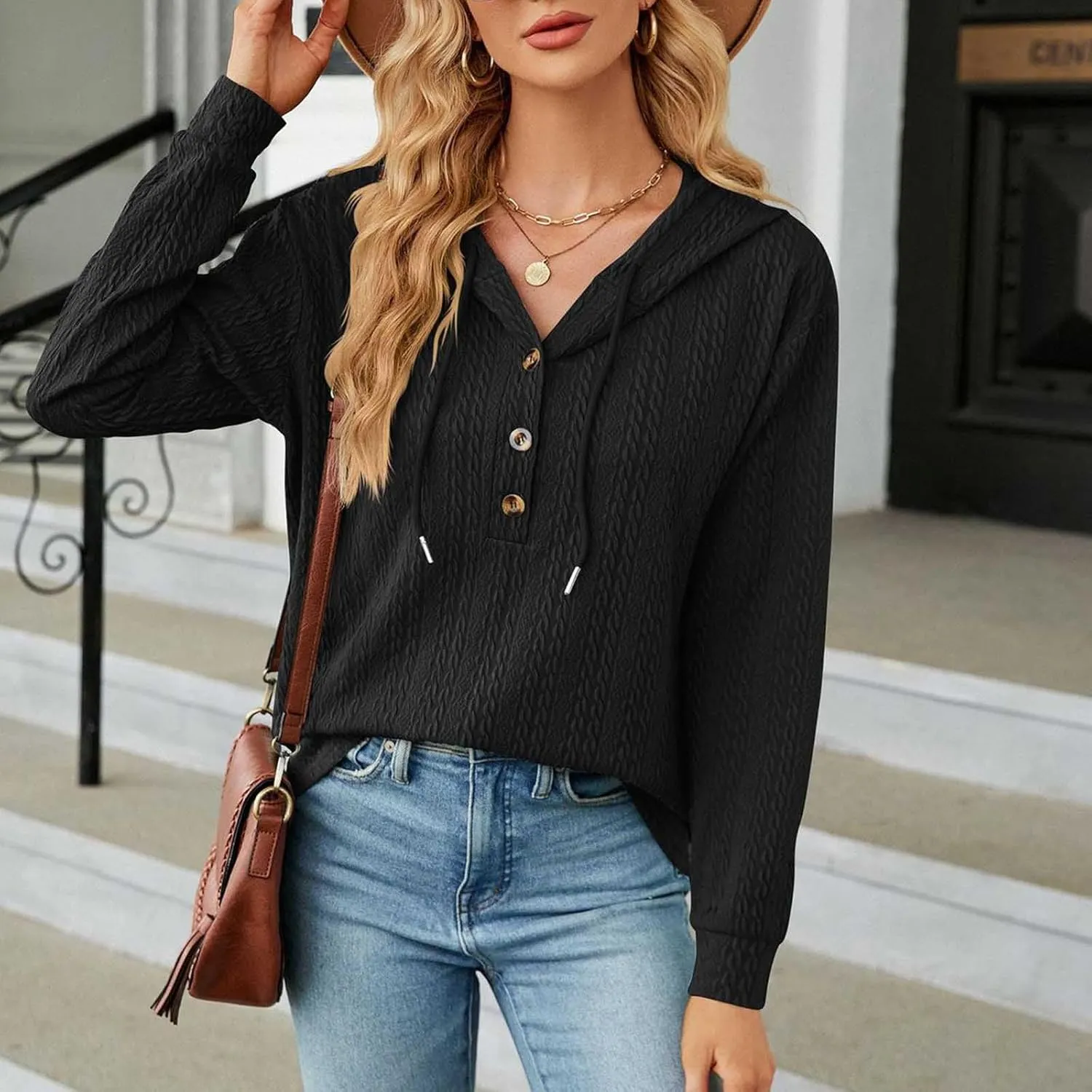 Women's 2024 Fall Fashion Sweatshirts Half Zip Up Button Drawstring Hoodies Casual Loose Outfit Clothes Tops