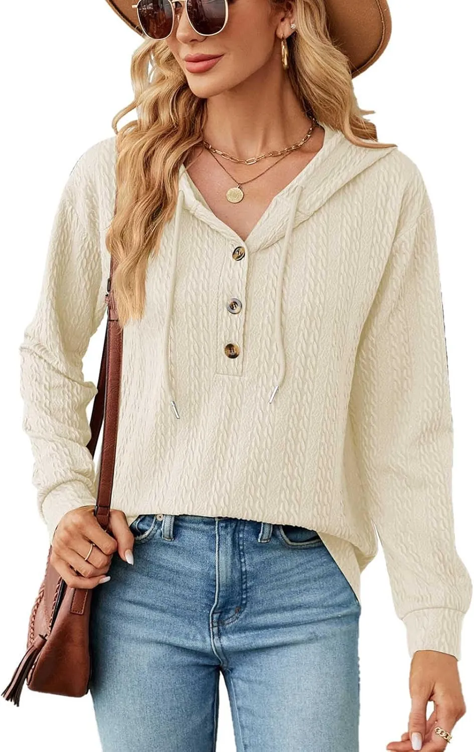Women's 2024 Fall Fashion Sweatshirts Half Zip Up Button Drawstring Hoodies Casual Loose Outfit Clothes Tops