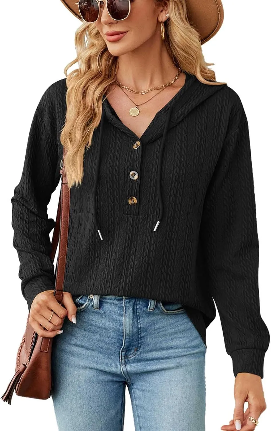Women's 2024 Fall Fashion Sweatshirts Half Zip Up Button Drawstring Hoodies Casual Loose Outfit Clothes Tops