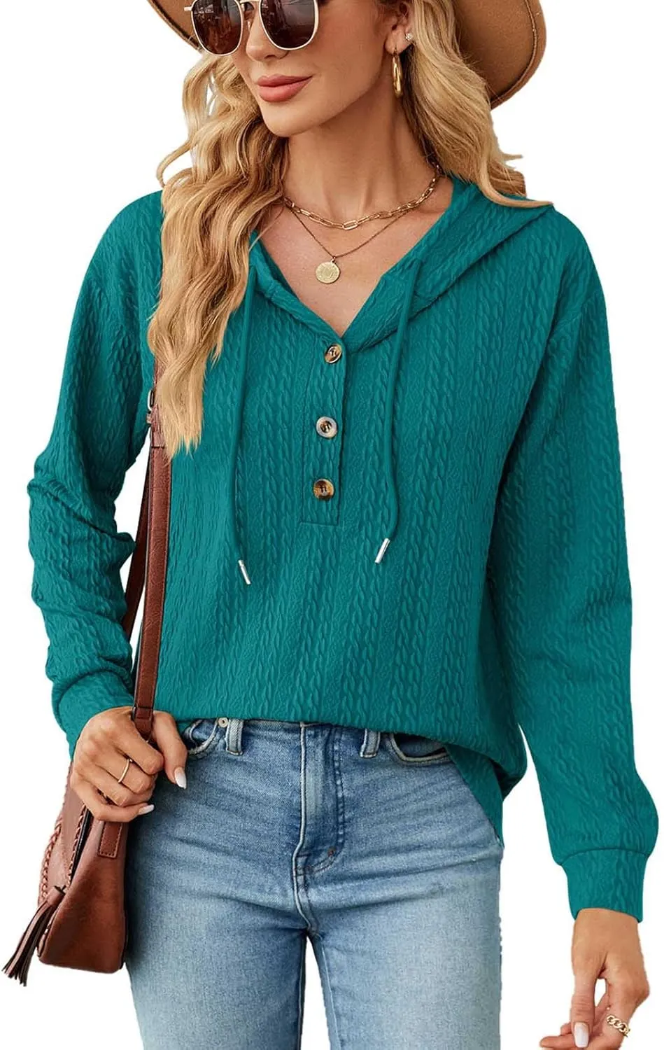 Women's 2024 Fall Fashion Sweatshirts Half Zip Up Button Drawstring Hoodies Casual Loose Outfit Clothes Tops