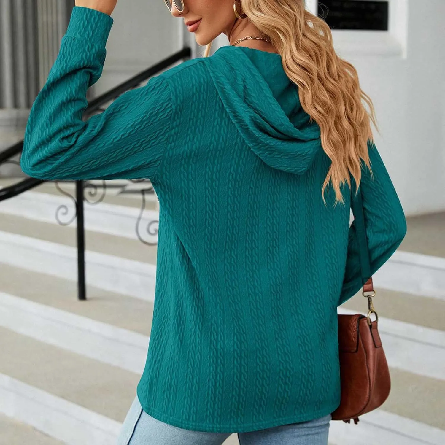 Women's 2024 Fall Fashion Sweatshirts Half Zip Up Button Drawstring Hoodies Casual Loose Outfit Clothes Tops