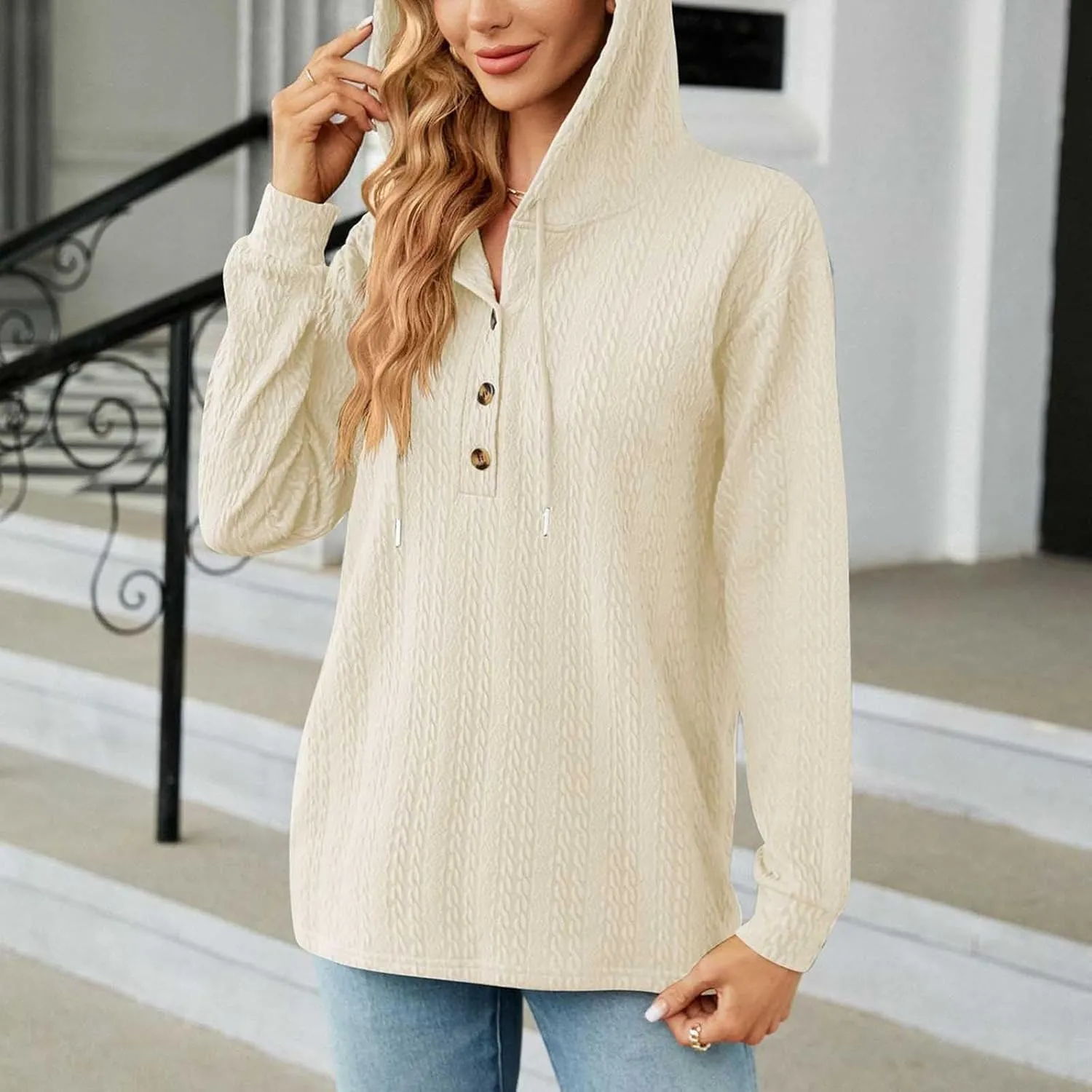 Women's 2024 Fall Fashion Sweatshirts Half Zip Up Button Drawstring Hoodies Casual Loose Outfit Clothes Tops