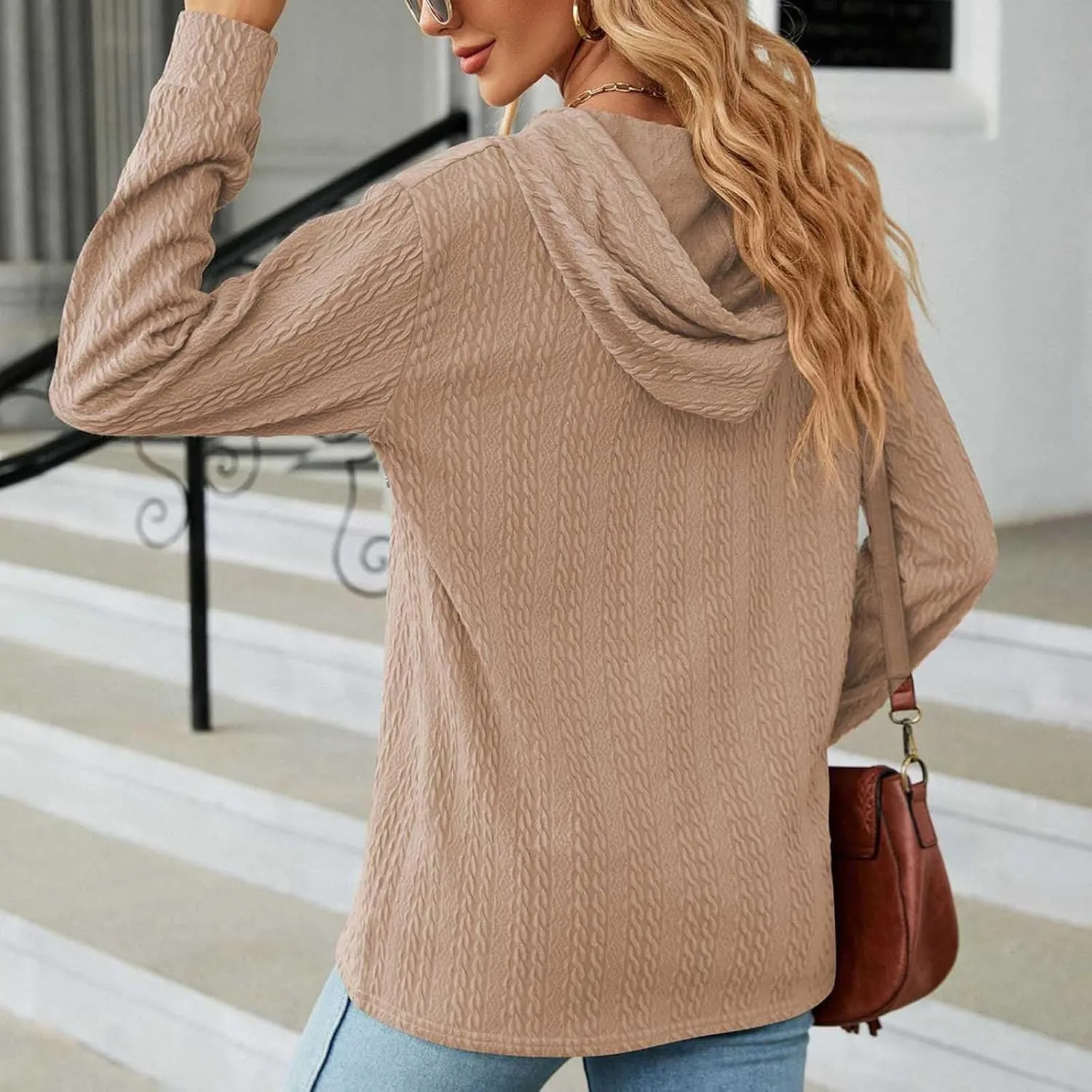 Women's 2024 Fall Fashion Sweatshirts Half Zip Up Button Drawstring Hoodies Casual Loose Outfit Clothes Tops