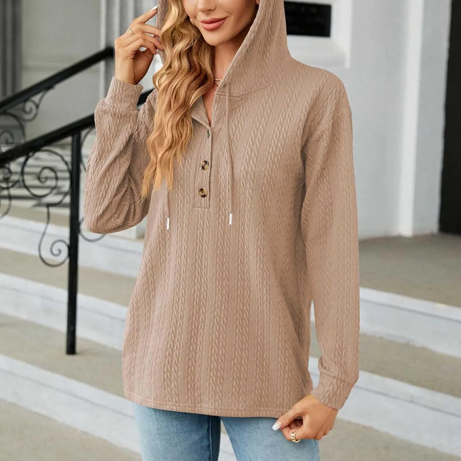 Women's 2024 Fall Fashion Sweatshirts Half Zip Up Button Drawstring Hoodies Casual Loose Outfit Clothes Tops