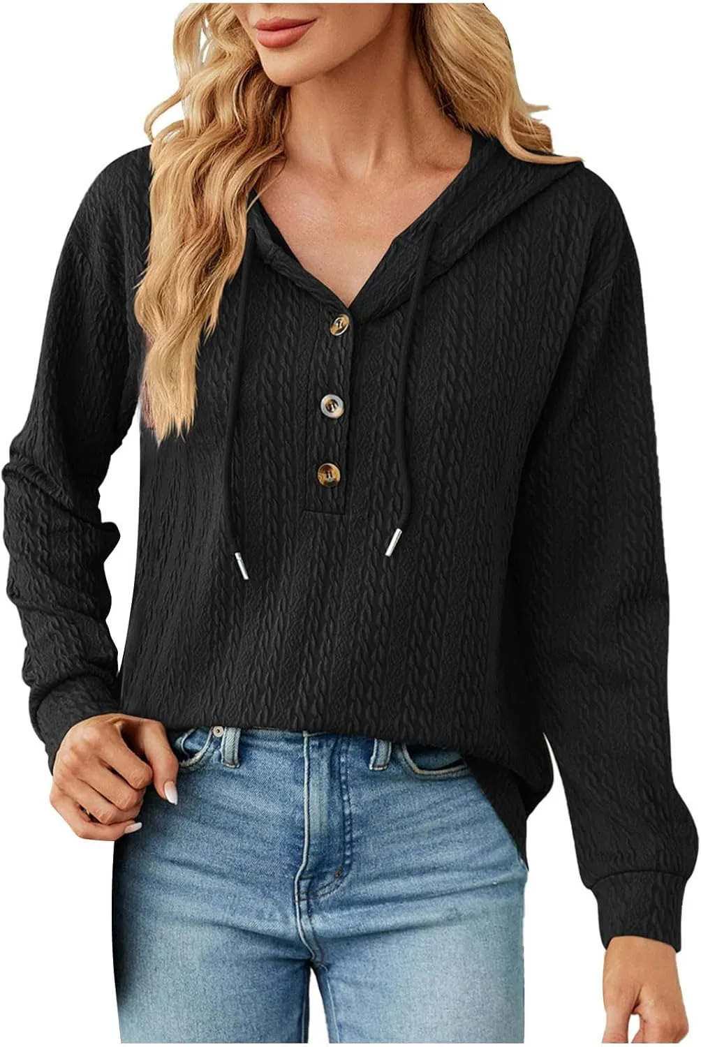Women's 2024 Fall Fashion Sweatshirts Half Zip Up Button Drawstring Hoodies Casual Loose Outfit Clothes Tops