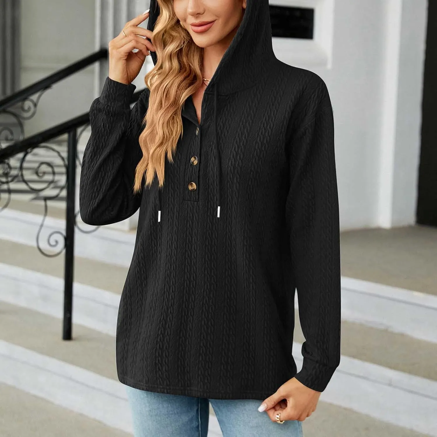 Women's 2024 Fall Fashion Sweatshirts Half Zip Up Button Drawstring Hoodies Casual Loose Outfit Clothes Tops