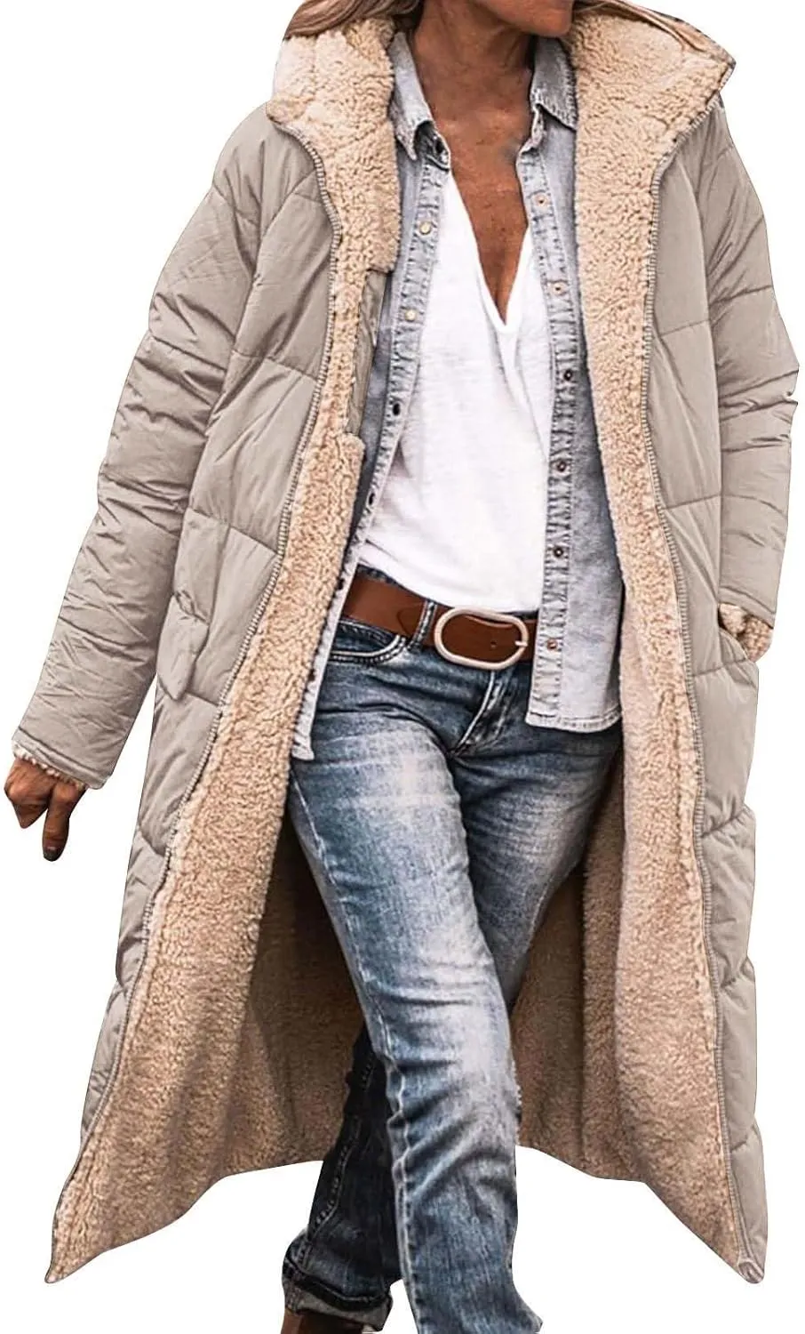 Women's 2024 Winter Fashion Clothes Outerwear with Pockets Hooded Fleece Jacket Full Zip Black Padded Coats