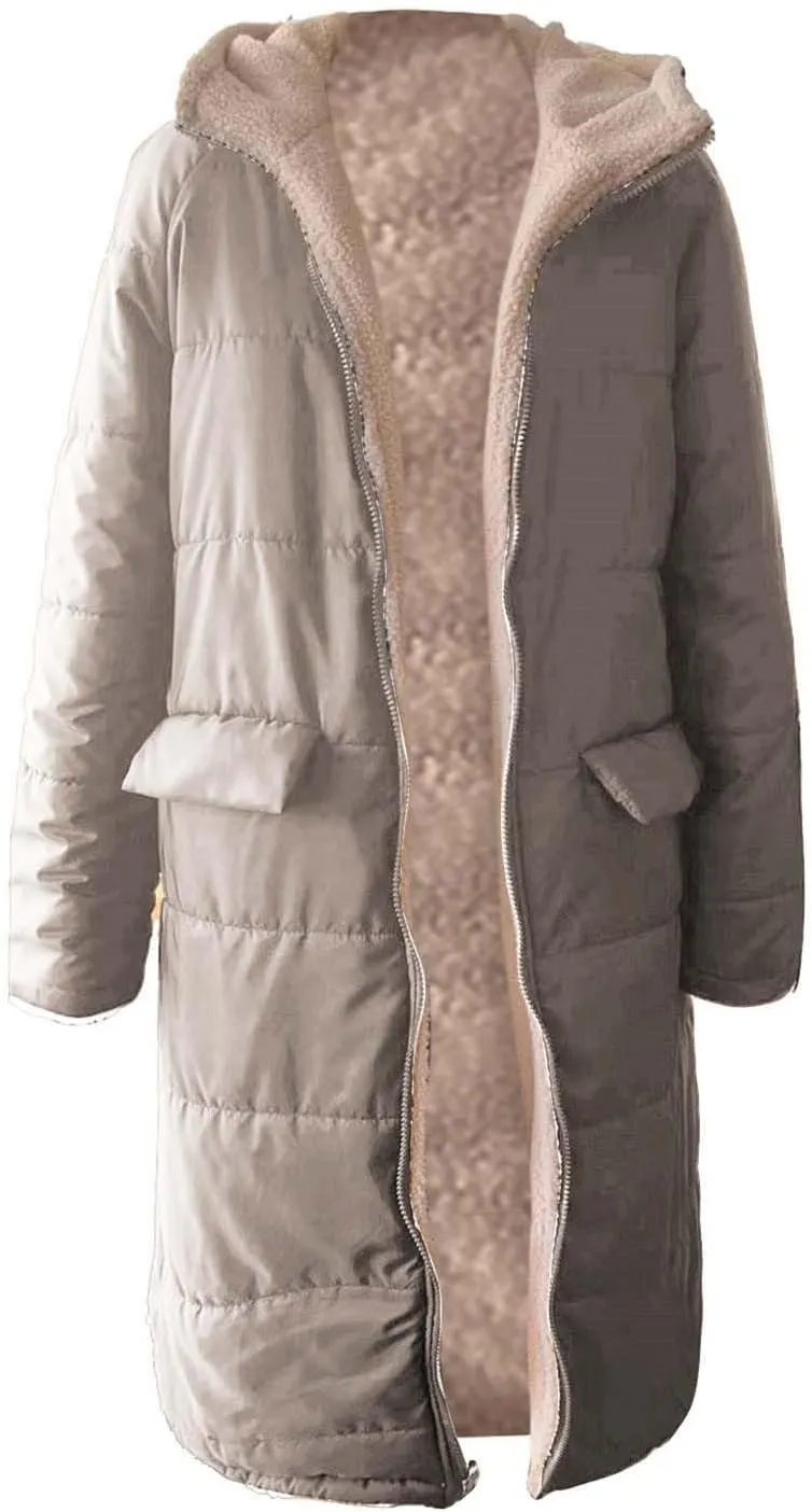 Women's 2024 Winter Fashion Clothes Outerwear with Pockets Hooded Fleece Jacket Full Zip Black Padded Coats