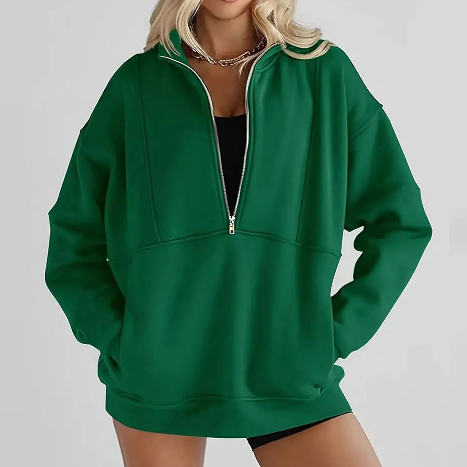Womens 2025 Fashion Sweatshirts Oversized Half Zip Pocket Sweatshirt Casual Long Sleeve Pullover Tops