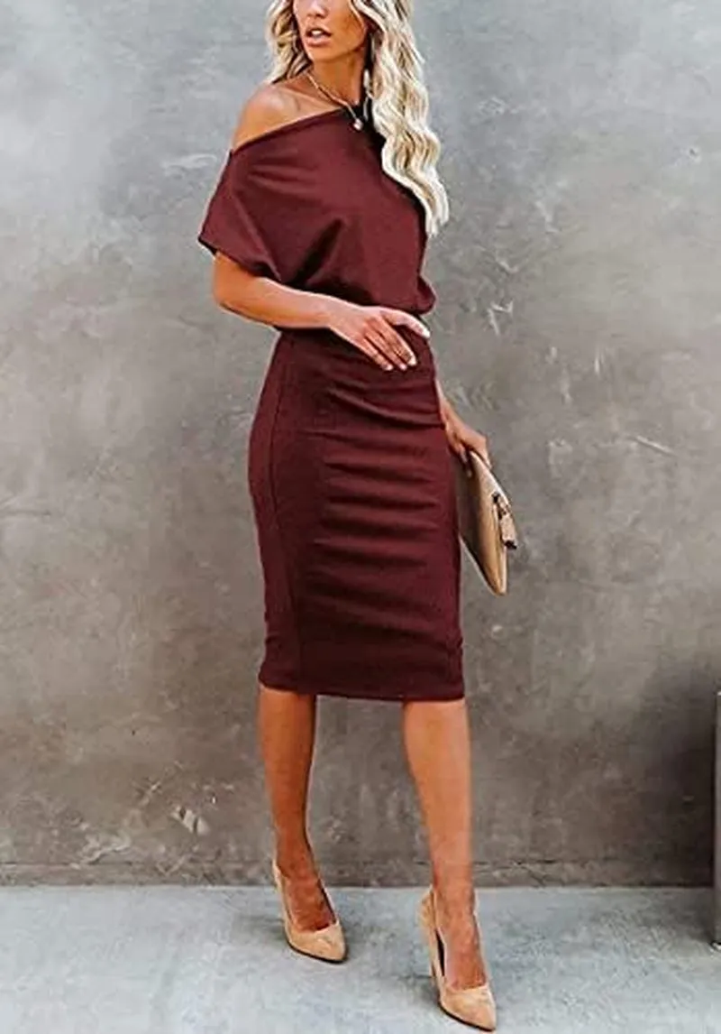 Women'S 2025 Summer Dress off the Shoulder Short Sleeve Ribbed Casual Party Bodycon Midi Dresses