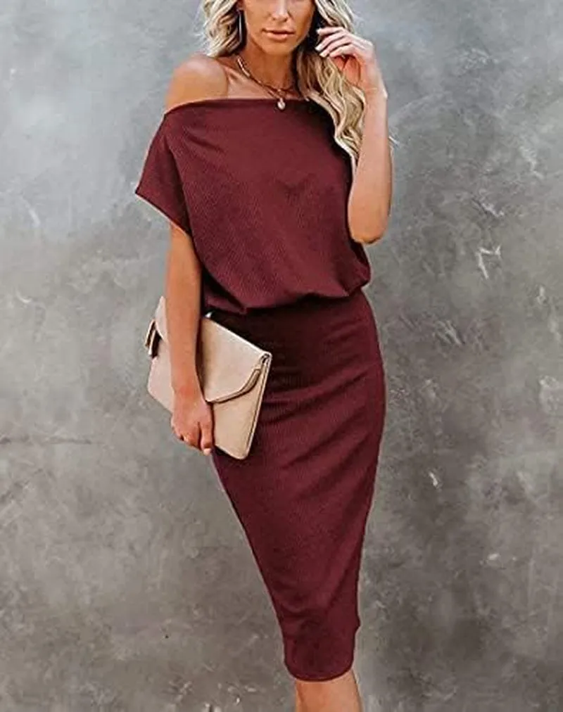 Women'S 2025 Summer Dress off the Shoulder Short Sleeve Ribbed Casual Party Bodycon Midi Dresses
