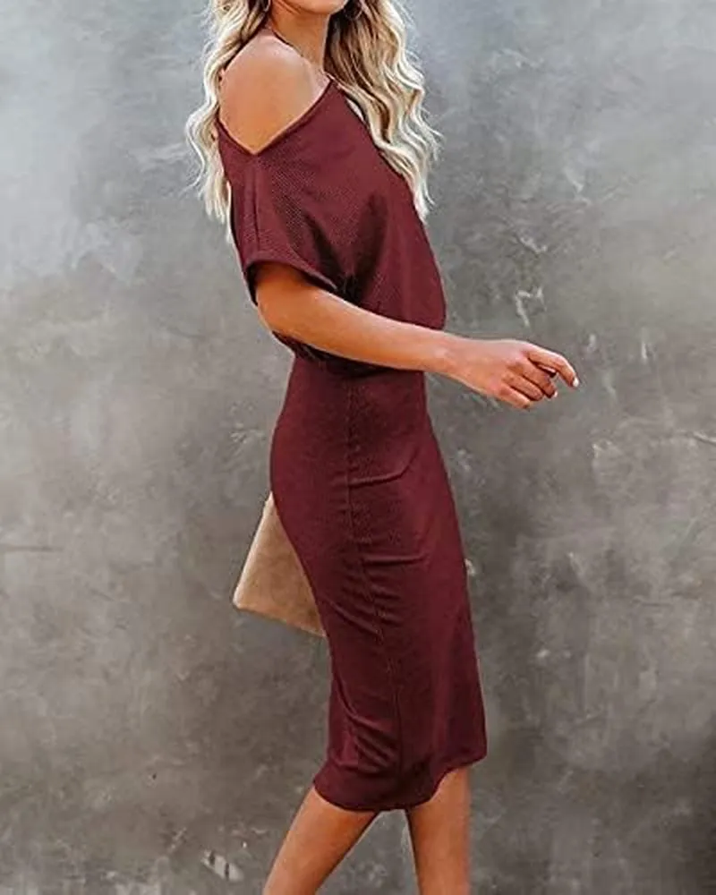 Women'S 2025 Summer Dress off the Shoulder Short Sleeve Ribbed Casual Party Bodycon Midi Dresses