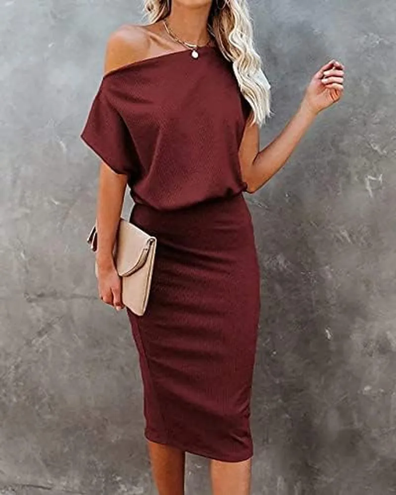 Women'S 2025 Summer Dress off the Shoulder Short Sleeve Ribbed Casual Party Bodycon Midi Dresses