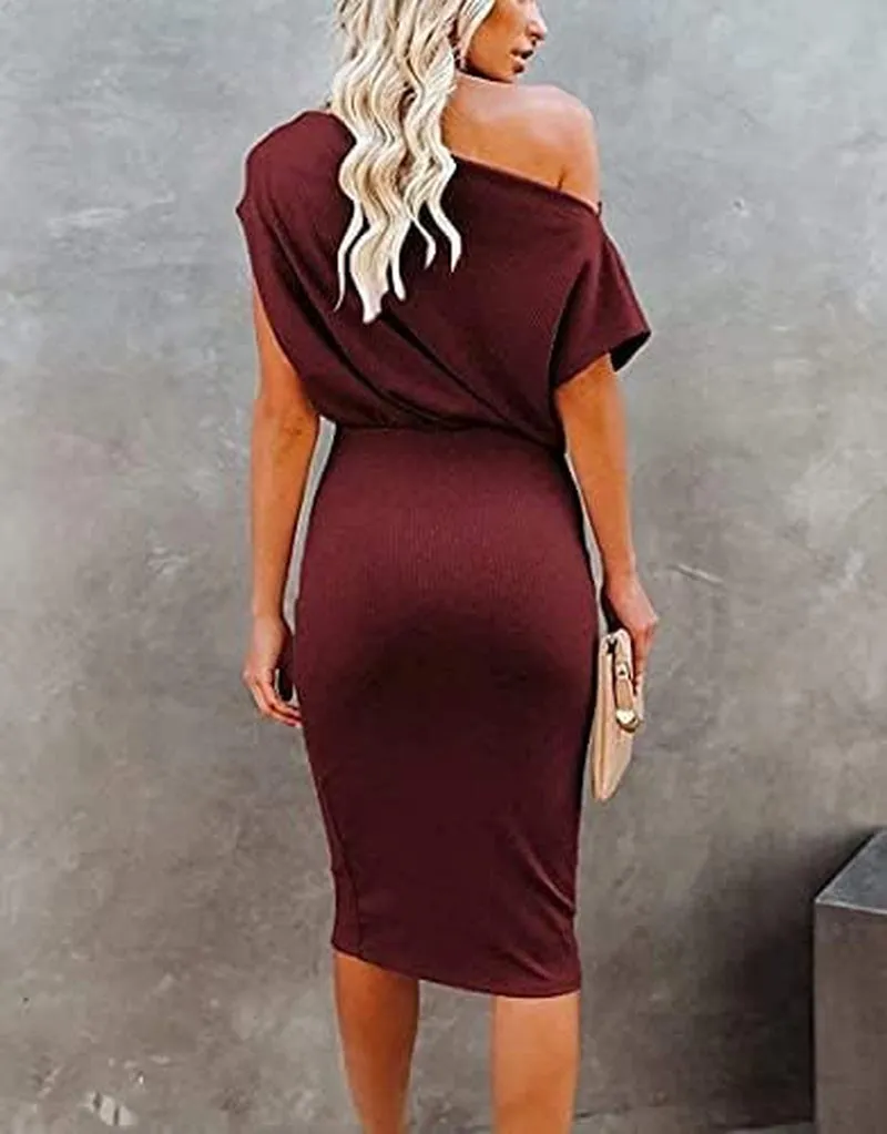 Women'S 2025 Summer Dress off the Shoulder Short Sleeve Ribbed Casual Party Bodycon Midi Dresses