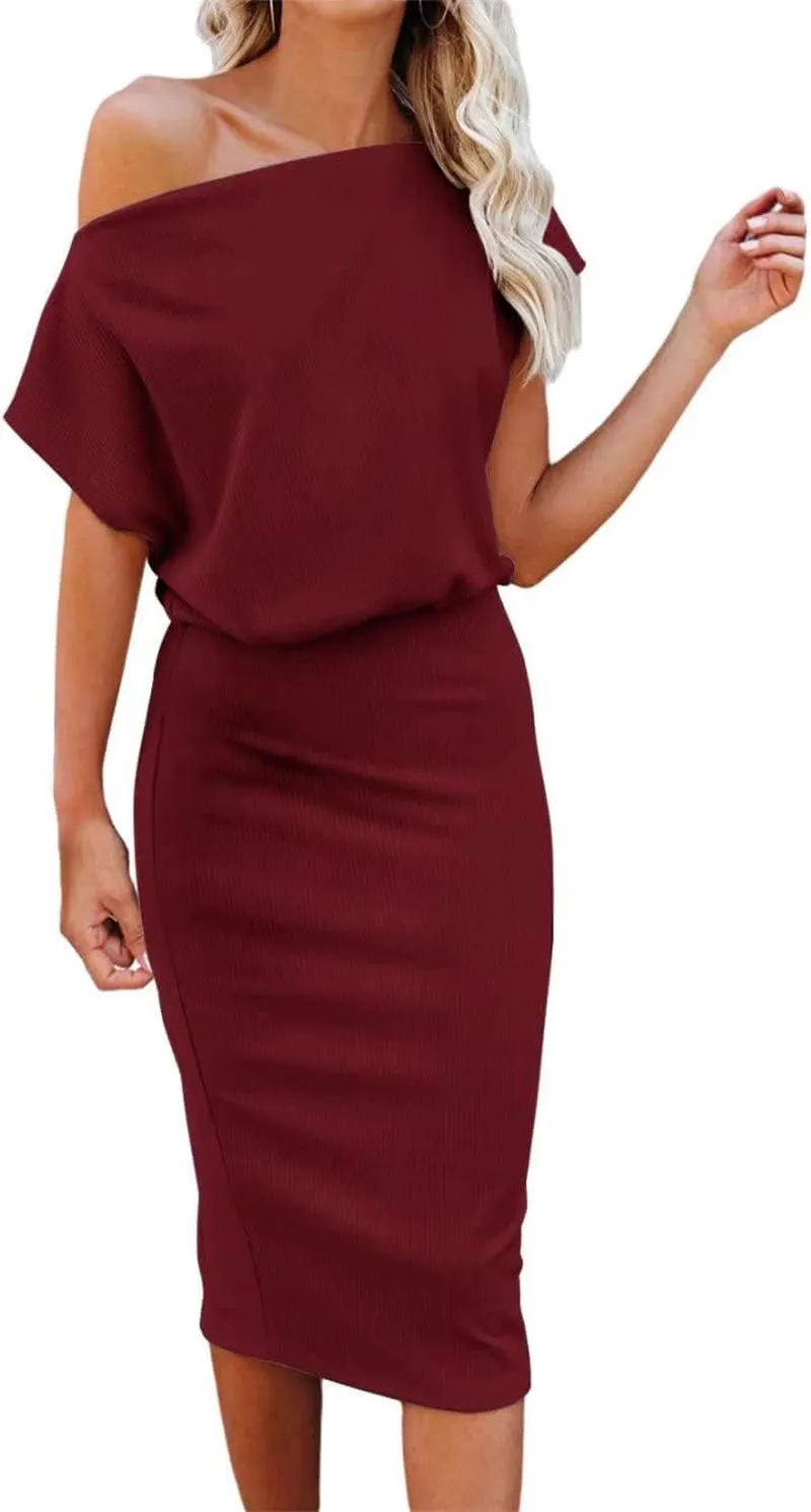 Women'S 2025 Summer Dress off the Shoulder Short Sleeve Ribbed Casual Party Bodycon Midi Dresses