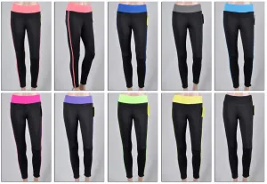women's athletic yoga pants - black w/ colored waist bands Case of 72