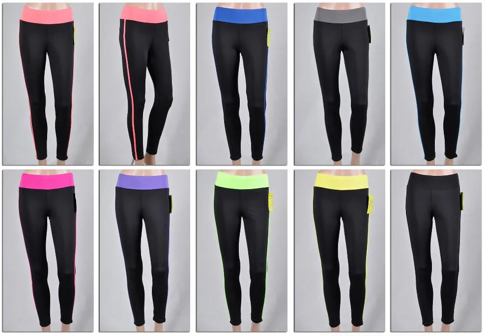women's athletic yoga pants - black w/ colored waist bands Case of 72