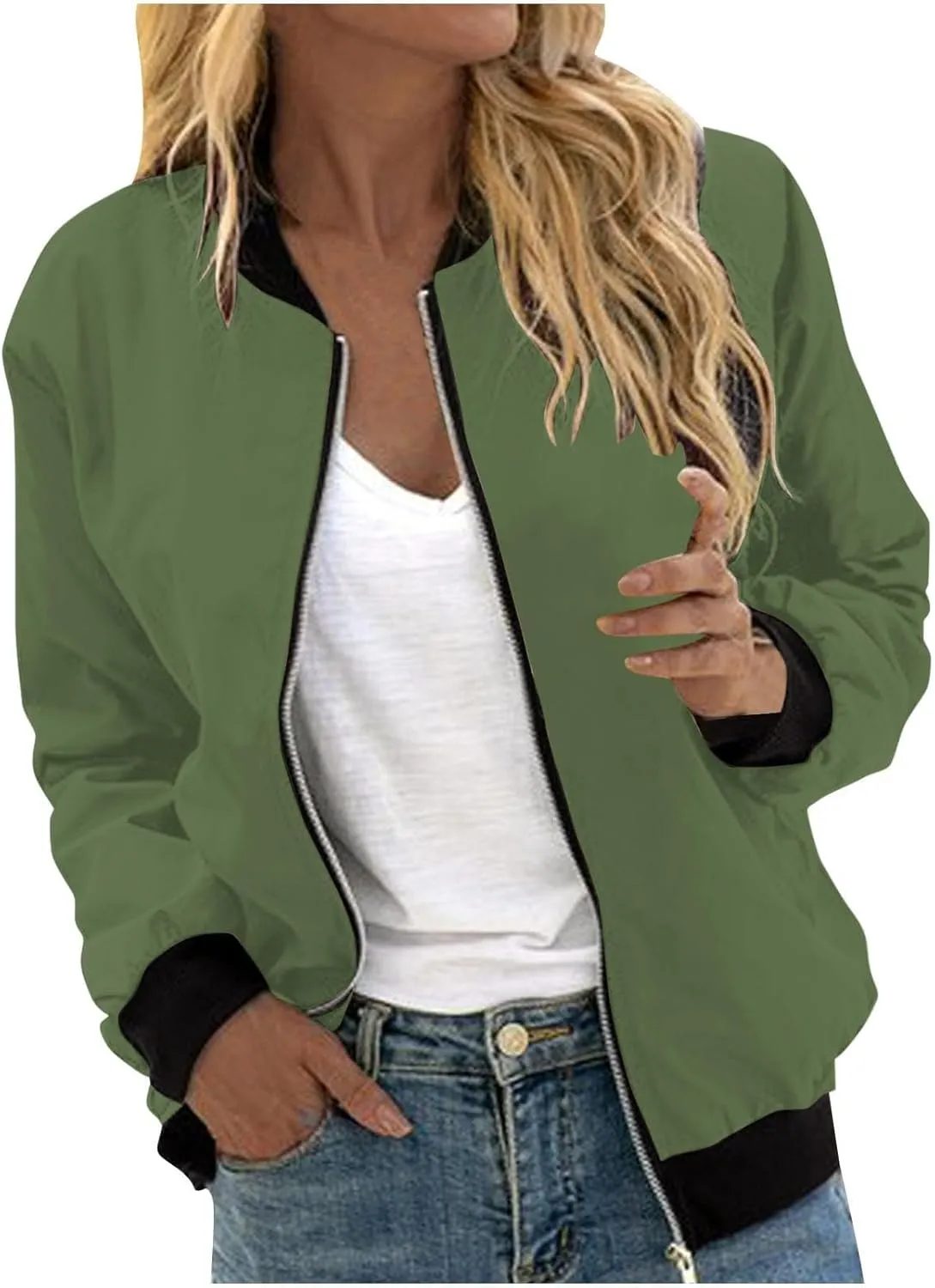 Women's Bomber Jacket Casual Zip Up Coat Lightweight Jacket Fall Fashion Long Sleeve Outerwear Windbreaker w/Pockets