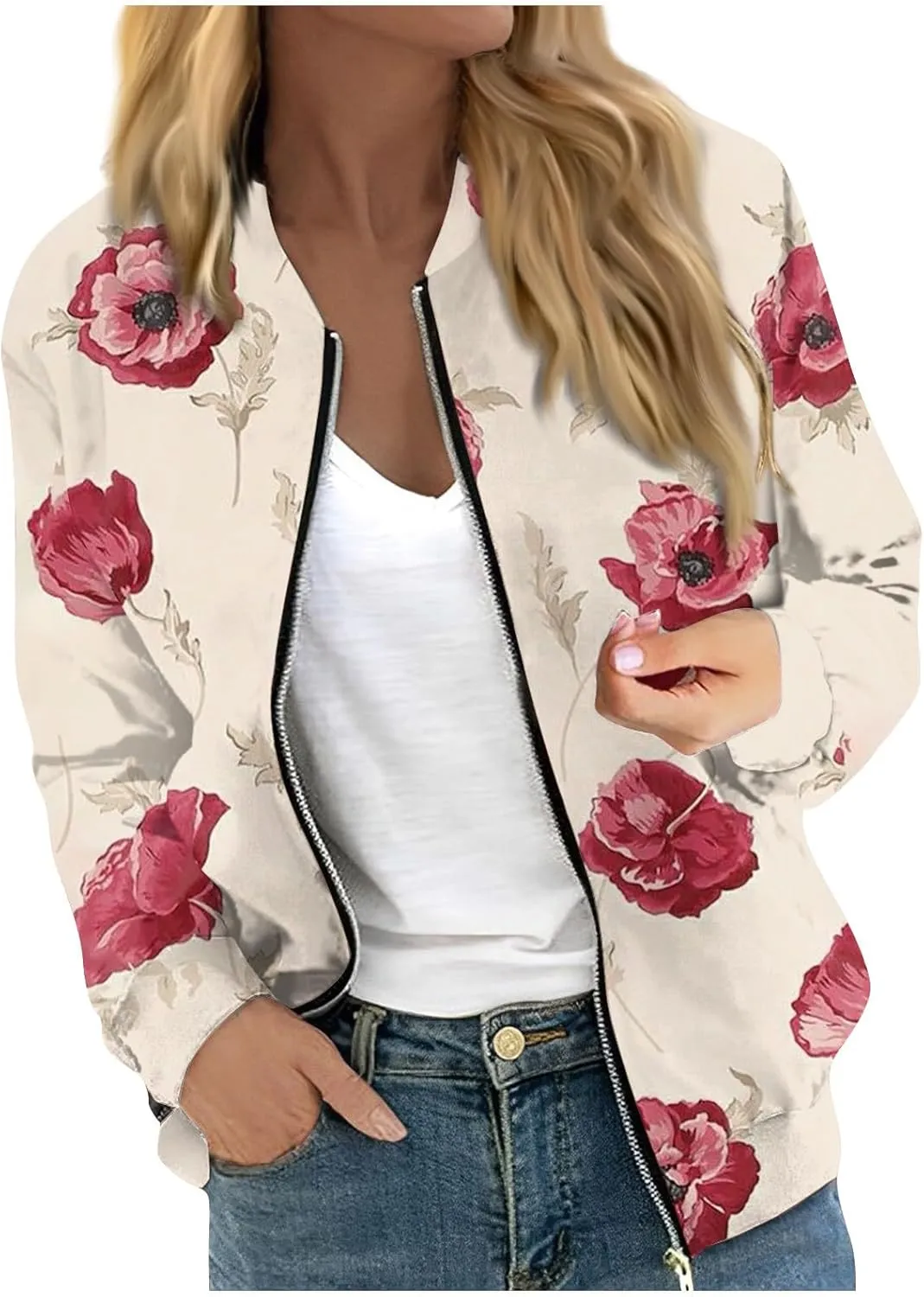 Women's Bomber Jacket Long Sleeve Casual Coat Zip Up Outerwear Windbreaker with Pockets