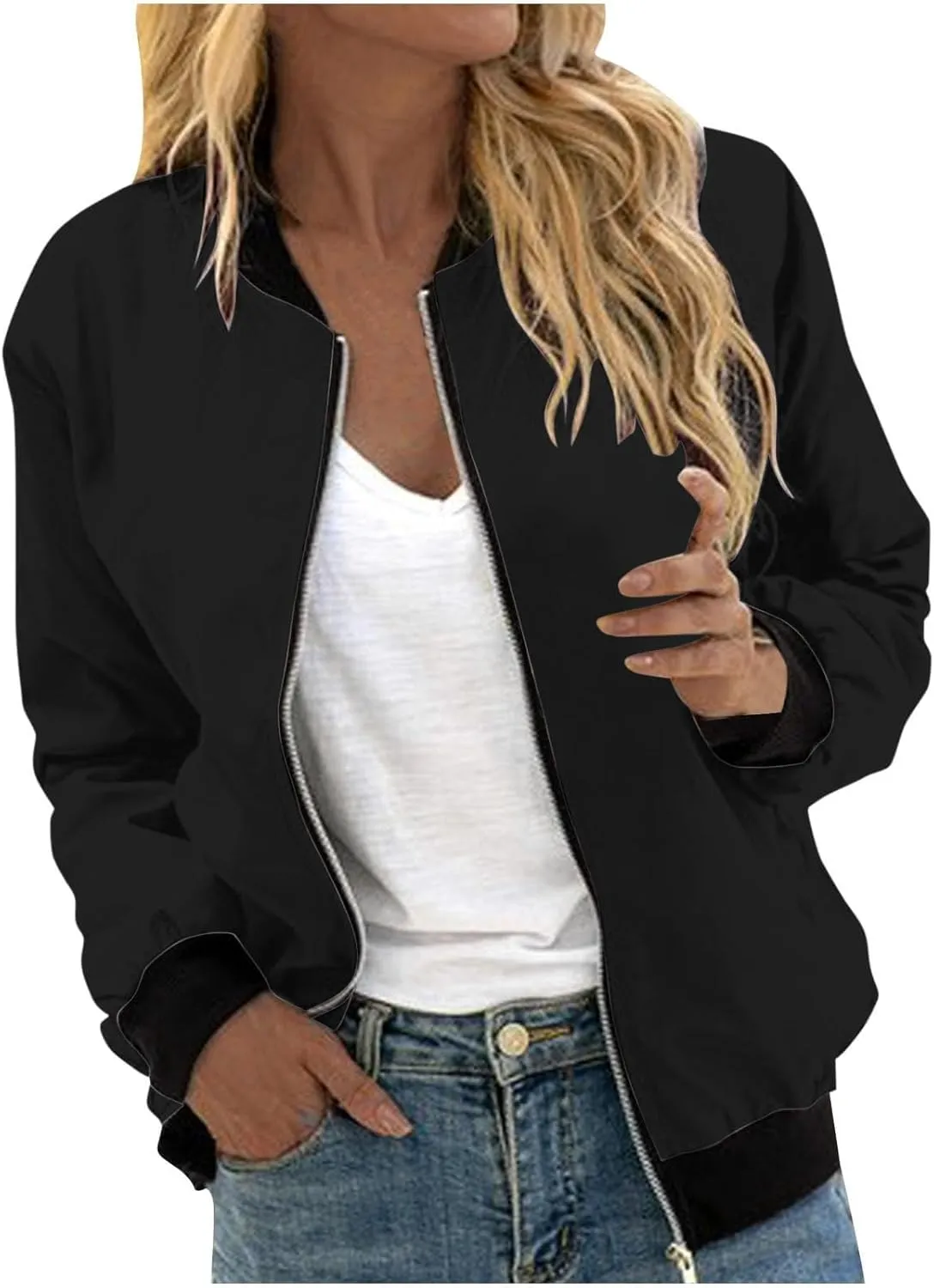 Women's Bomber Jacket Trendy Zip Up Lightweight Windbreaker Jacket Casual Fall Jackets for Women with Pocket