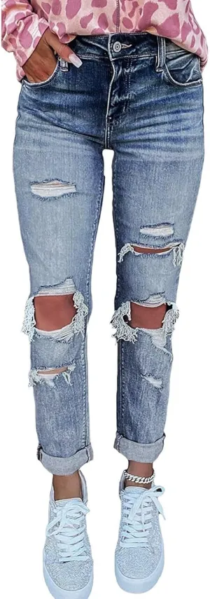 Women's Boyfriend Jeans Distressed Slim Fit Ripped Denim Pants Comfy Stretch Skinny Jeans Mid Waist Boyfriend
