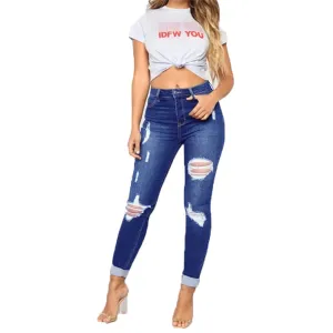 Women's Boyfriend Jeans Juniors Distressed Slim Fit Ripped Denim Pants Comfy Stretch Skinny Jeans Trousers (Small,Dark Blue)