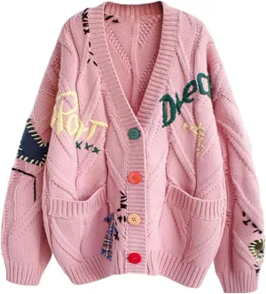 Women's Cable Knit Embroidery Cardigan V Neck Sweaters Long Sleeve Open Front Loose Coat Cute Casual Warm Outwear