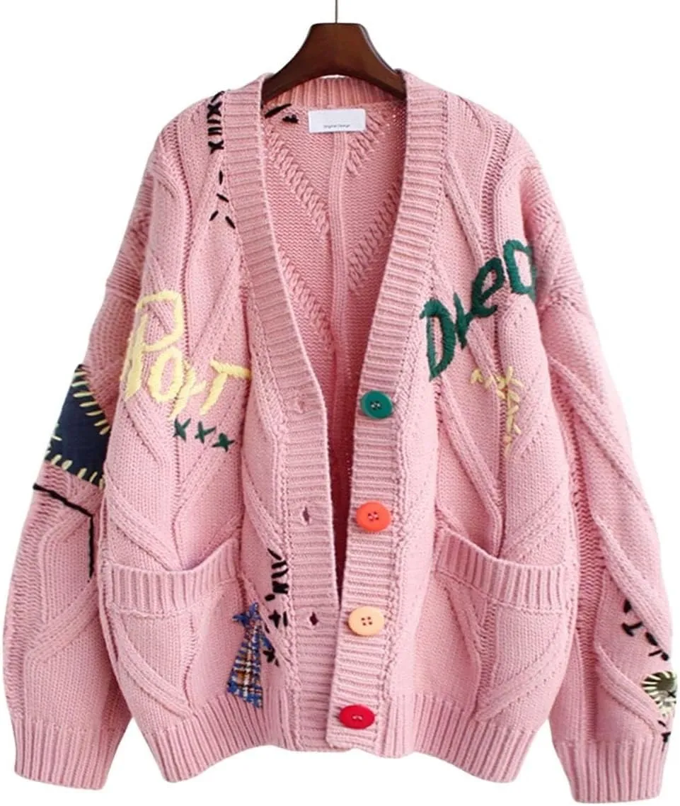 Women's Cable Knit Embroidery Cardigan V Neck Sweaters Long Sleeve Open Front Loose Coat Cute Casual Warm Outwear