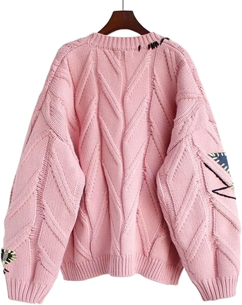 Women's Cable Knit Embroidery Cardigan V Neck Sweaters Long Sleeve Open Front Loose Coat Cute Casual Warm Outwear