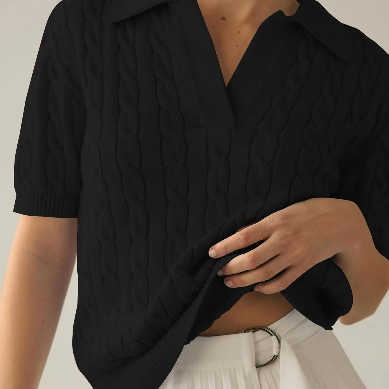 Womens Cable Knit Sweaters Long Sleeve V Neck Sweater Tops Casual Pullover Polo Shirts 2024 Fall Fashion Outfits