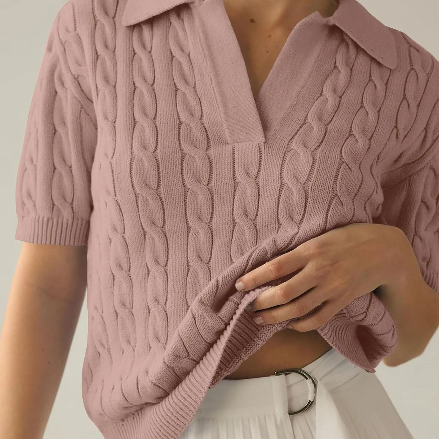 Womens Cable Knit Sweaters Long Sleeve V Neck Sweater Tops Casual Pullover Polo Shirts 2024 Fall Fashion Outfits