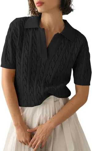 Womens Cable Knit Sweaters Long Sleeve V Neck Sweater Tops Casual Pullover Polo Shirts 2024 Fall Fashion Outfits