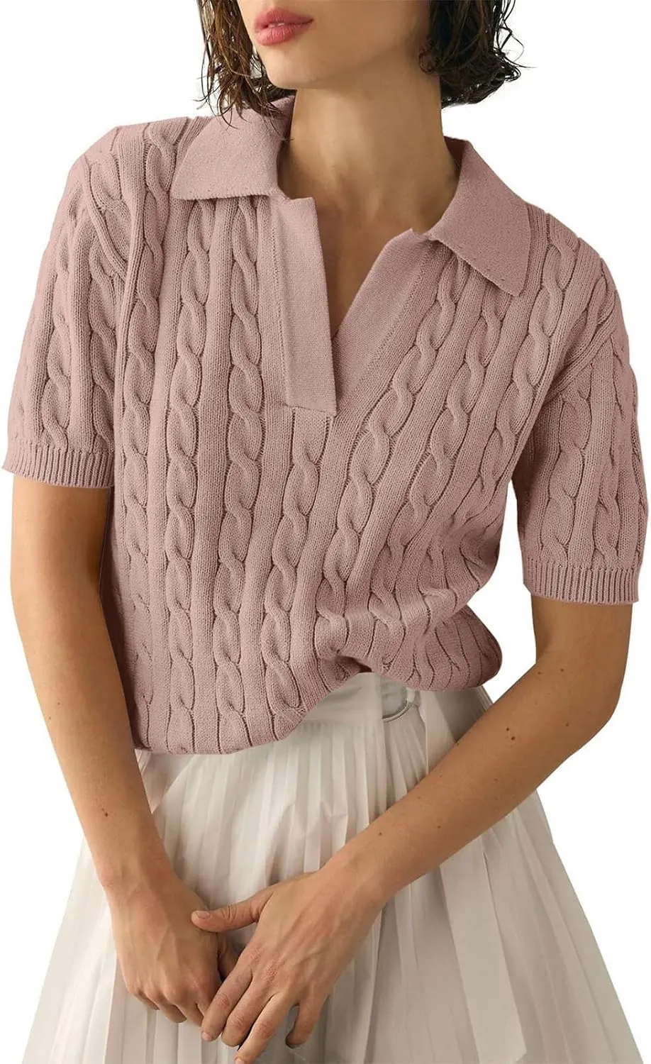 Womens Cable Knit Sweaters Long Sleeve V Neck Sweater Tops Casual Pullover Polo Shirts 2024 Fall Fashion Outfits
