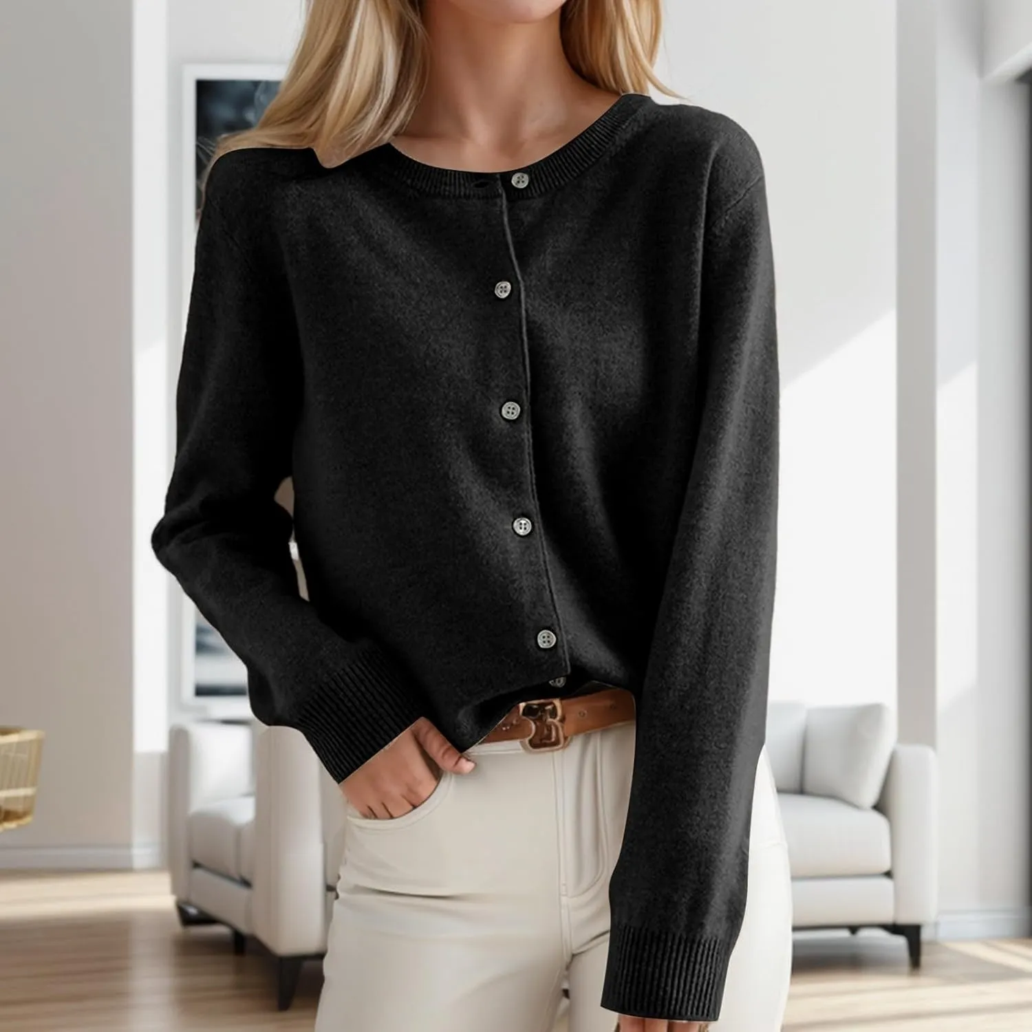 Womens Cardigan Sweaters Casual Crewneck Long Sleeve Button Down Lightweight Cardigans Plus Size Loose Fit Sweater