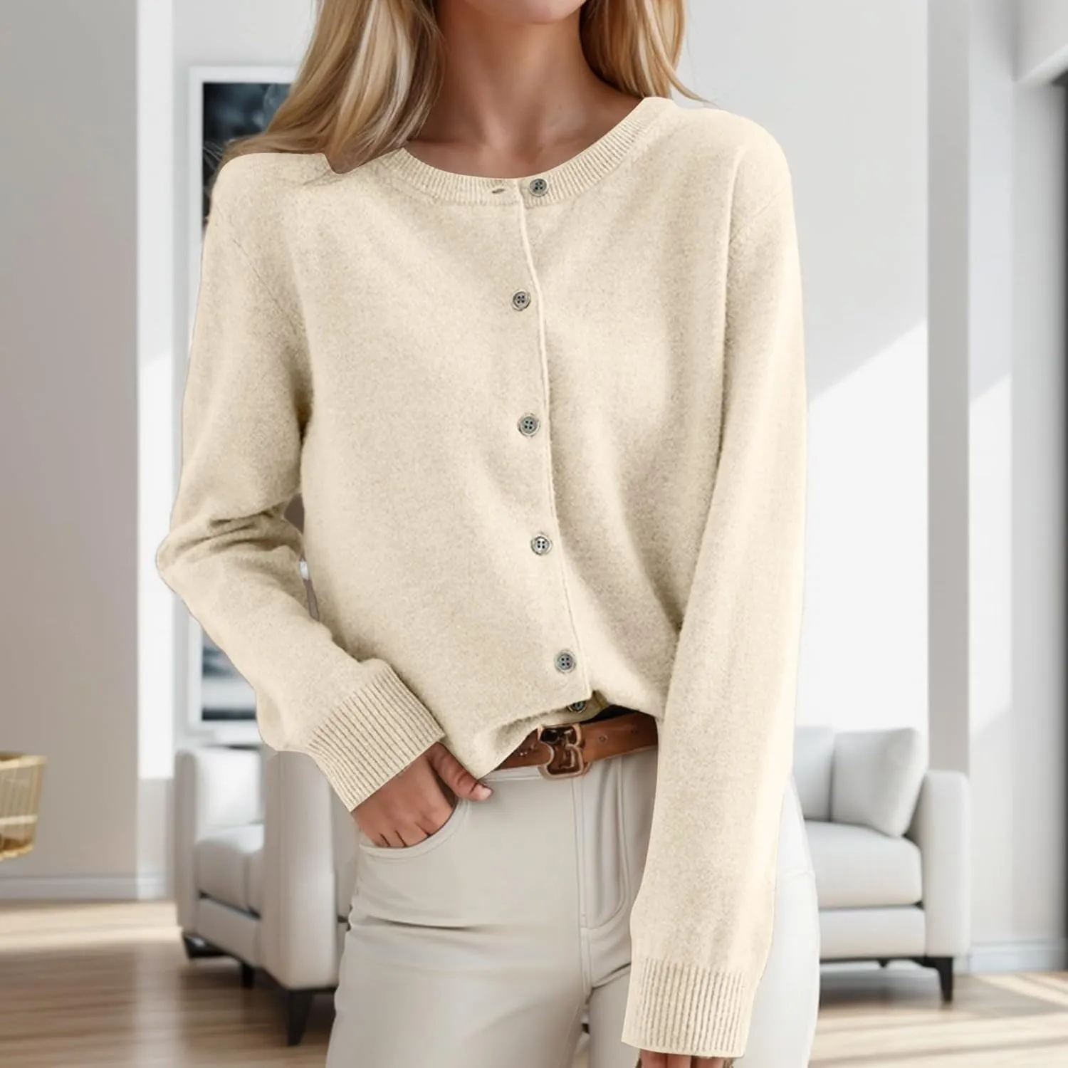 Womens Cardigan Sweaters Casual Crewneck Long Sleeve Button Down Lightweight Cardigans Plus Size Loose Fit Sweater