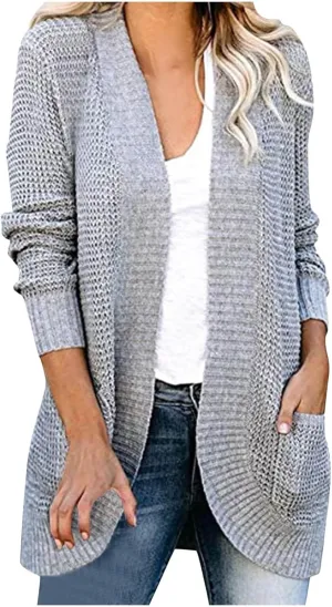 Women's Cardigan Sweaters Casual Open Front Long Sleeve Chunky Cable Knit Cardigans Sweaters Outerwear with Pockets