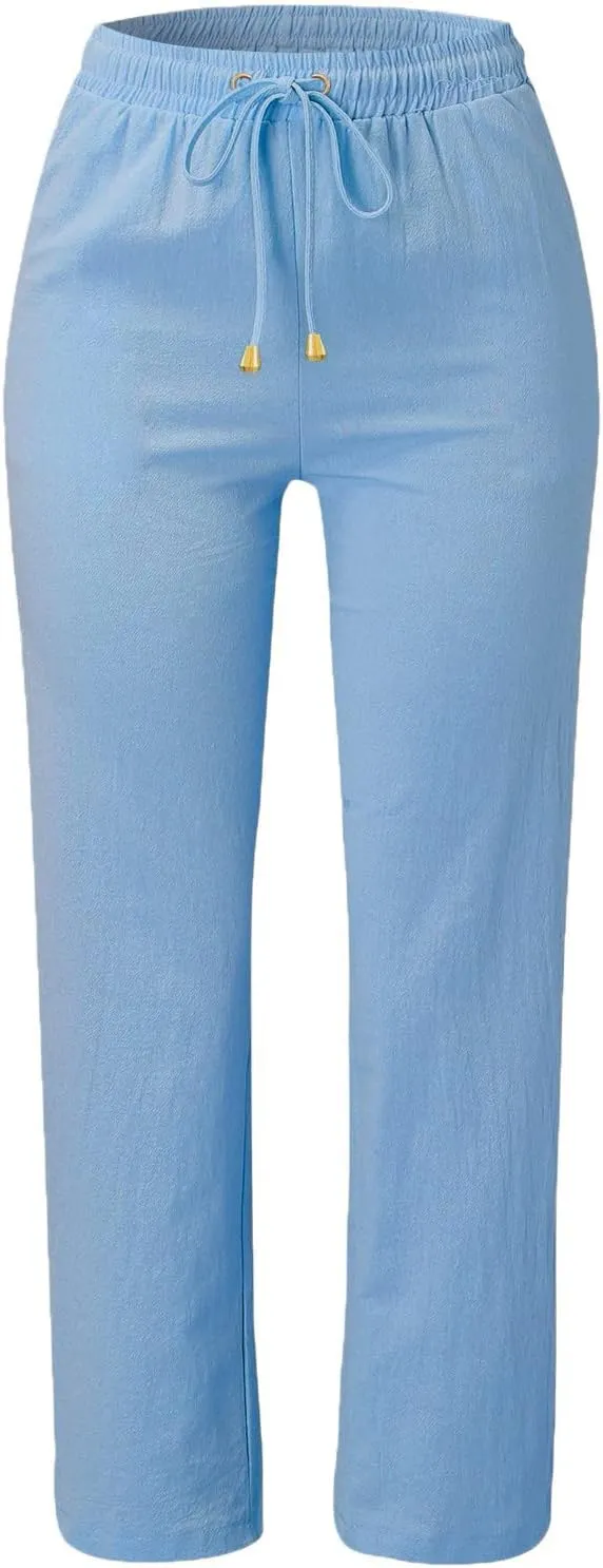Womens Casual Elastic Waist Drawstring Pants Loose Fit Straight Wide Leg Cotton Trousers with Pockets