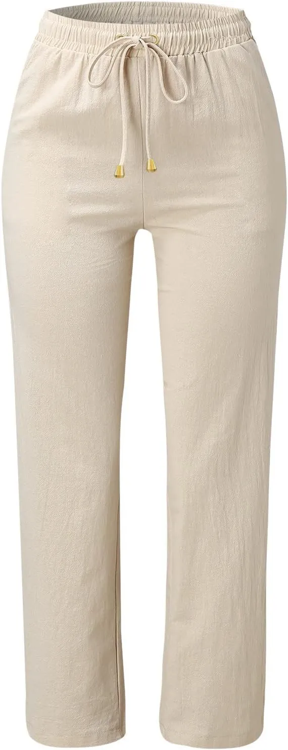 Womens Casual Elastic Waist Drawstring Pants Loose Fit Straight Wide Leg Cotton Trousers with Pockets