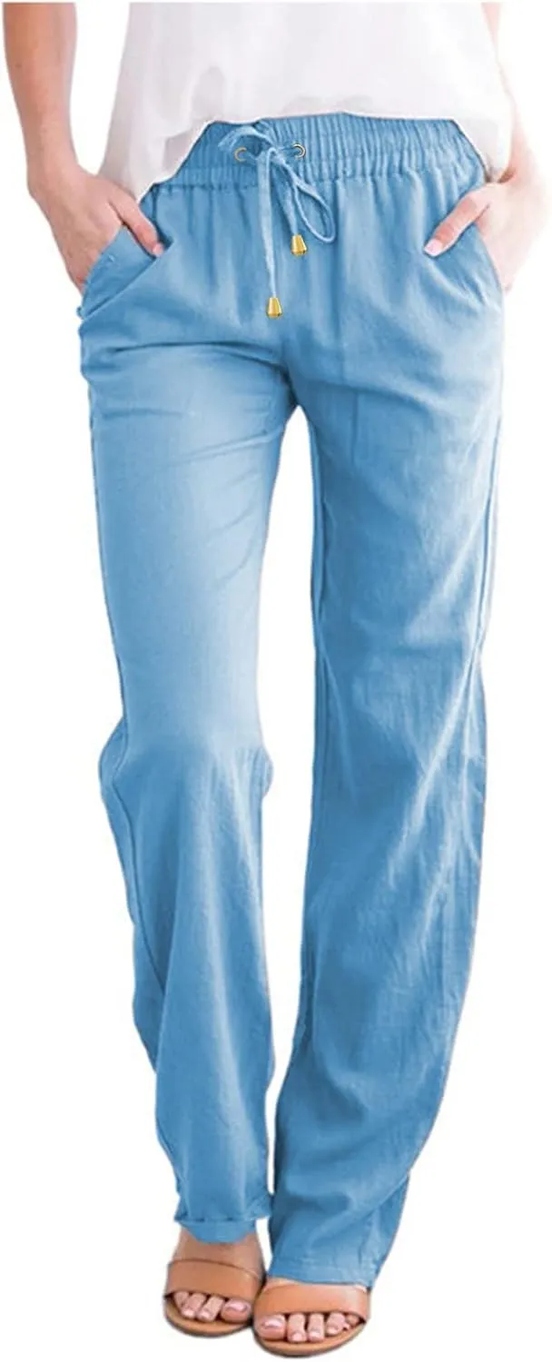 Womens Casual Elastic Waist Drawstring Pants Loose Fit Straight Wide Leg Cotton Trousers with Pockets