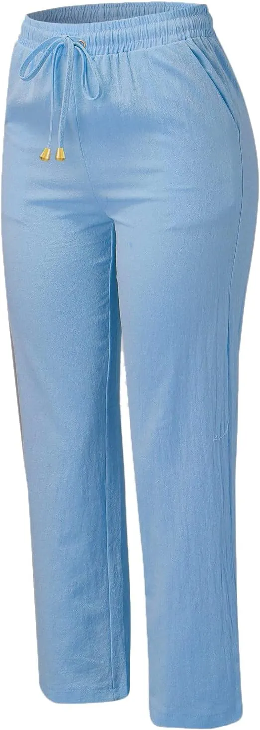 Womens Casual Elastic Waist Drawstring Pants Loose Fit Straight Wide Leg Cotton Trousers with Pockets