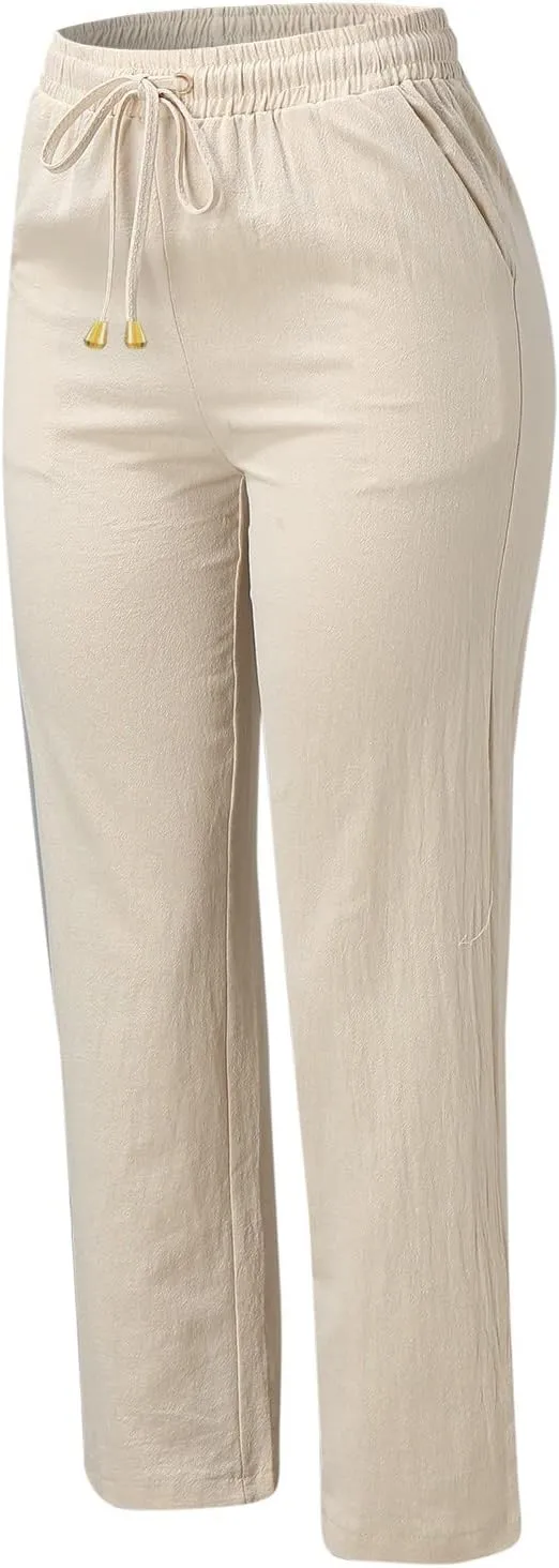 Womens Casual Elastic Waist Drawstring Pants Loose Fit Straight Wide Leg Cotton Trousers with Pockets