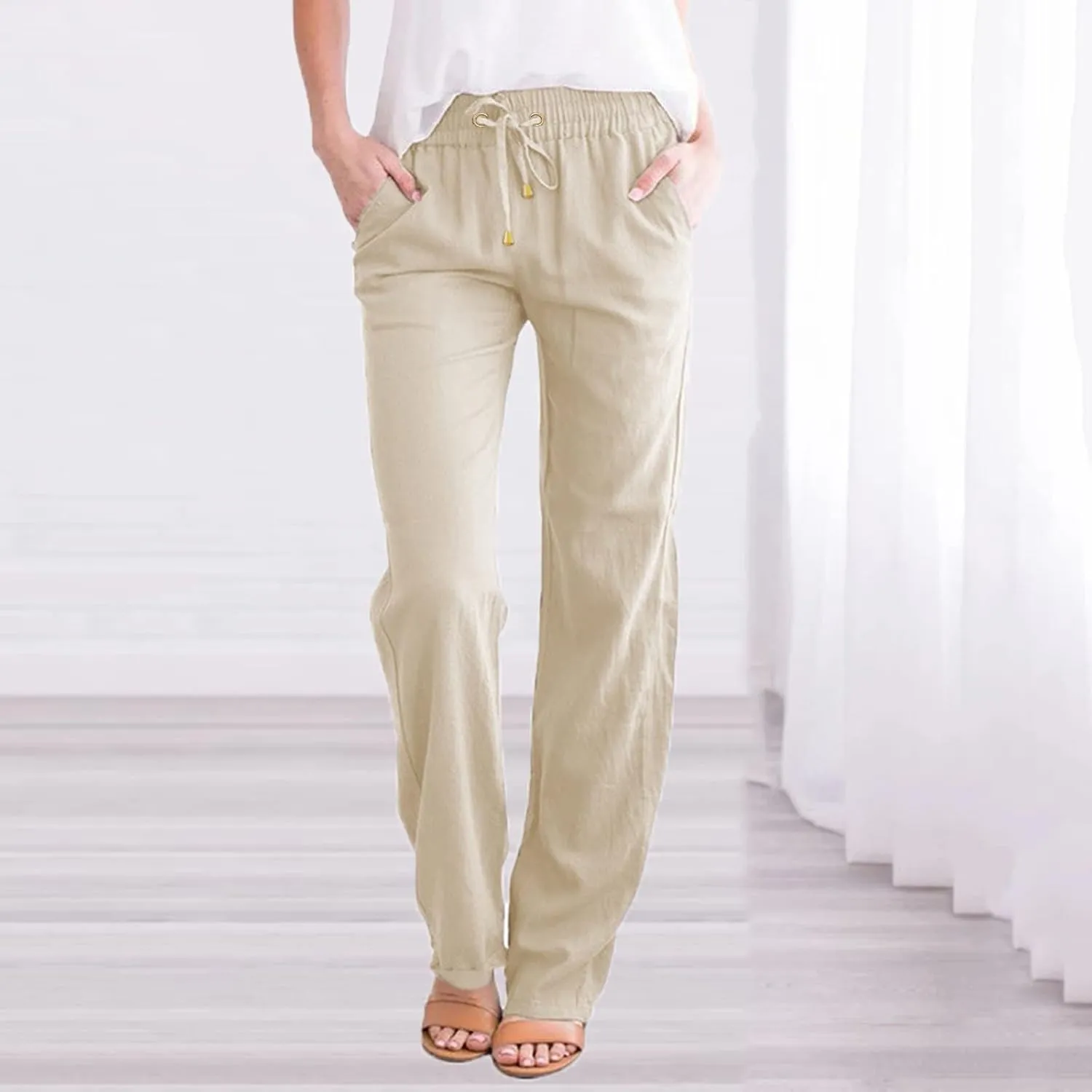 Womens Casual Elastic Waist Drawstring Pants Loose Fit Straight Wide Leg Cotton Trousers with Pockets