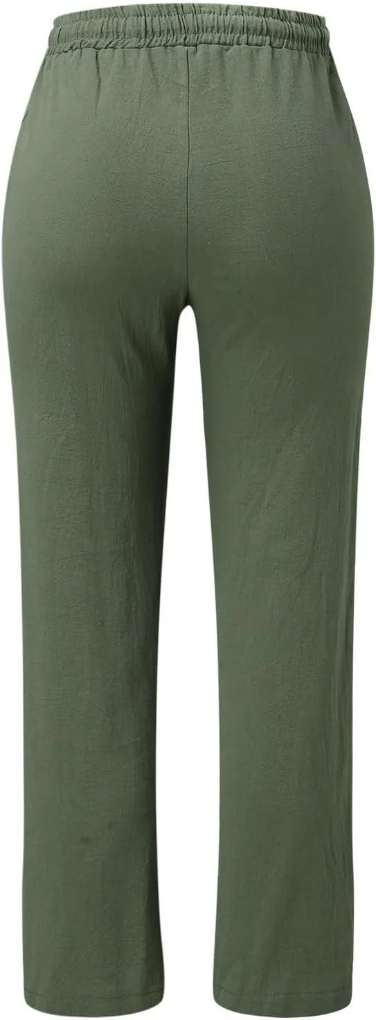 Womens Casual Elastic Waist Drawstring Pants Loose Fit Straight Wide Leg Cotton Trousers with Pockets