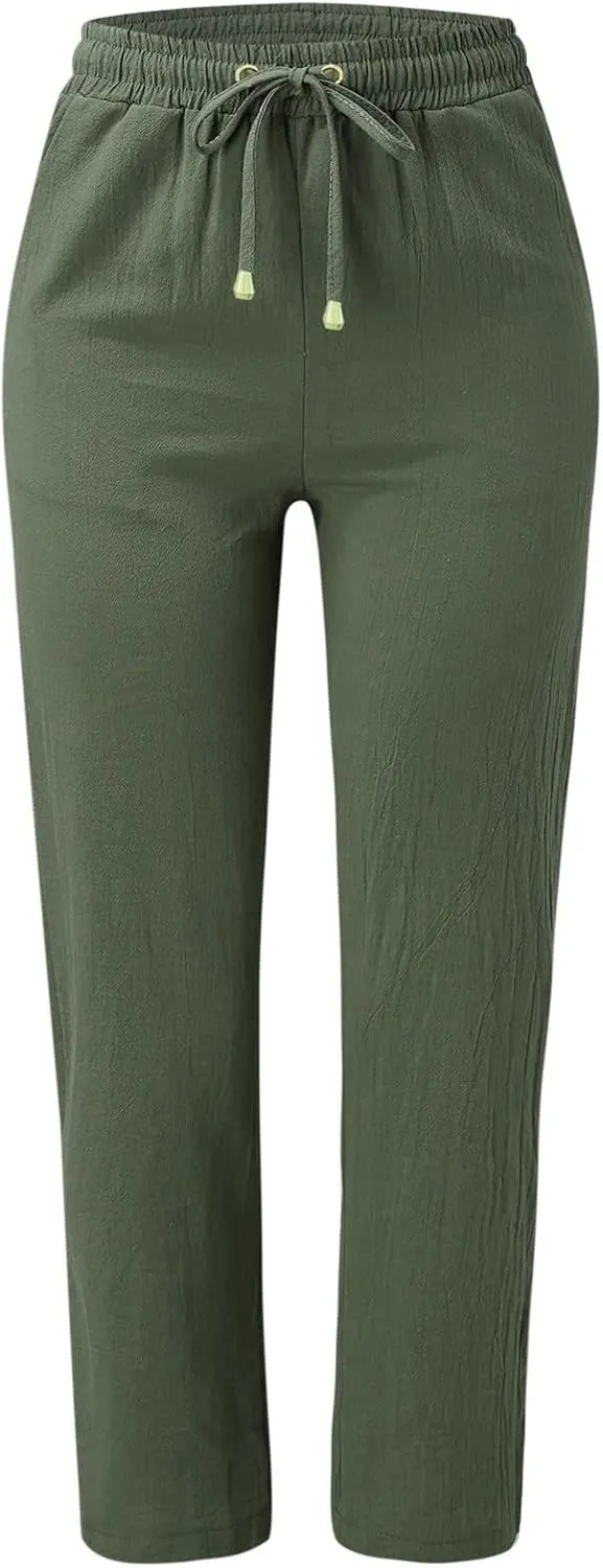Womens Casual Elastic Waist Drawstring Pants Loose Fit Straight Wide Leg Cotton Trousers with Pockets