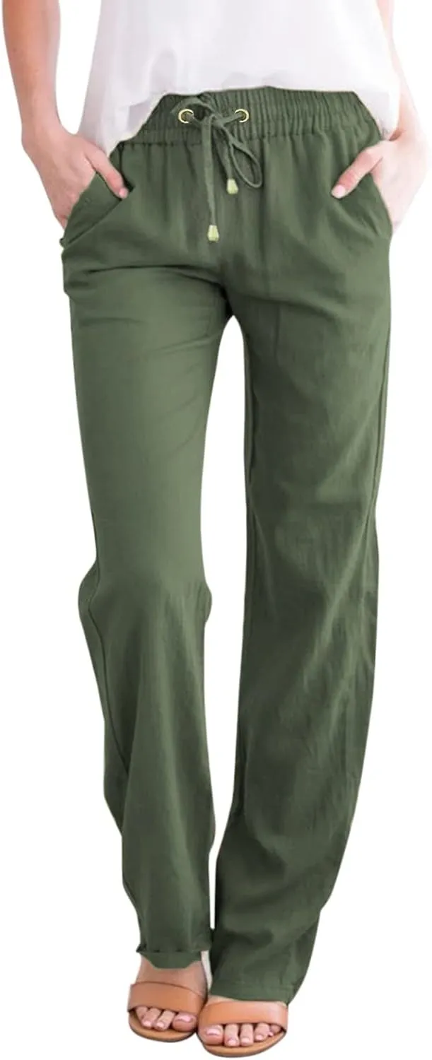 Womens Casual Elastic Waist Drawstring Pants Loose Fit Straight Wide Leg Cotton Trousers with Pockets