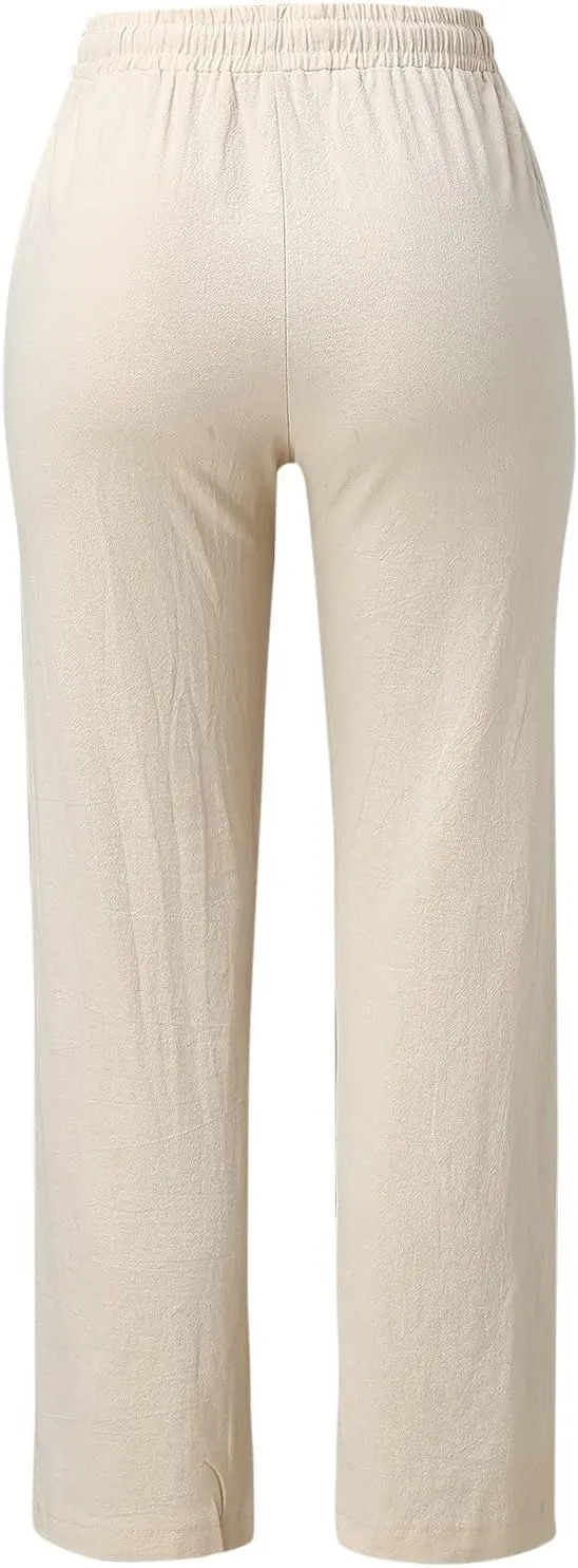 Womens Casual Elastic Waist Drawstring Pants Loose Fit Straight Wide Leg Cotton Trousers with Pockets